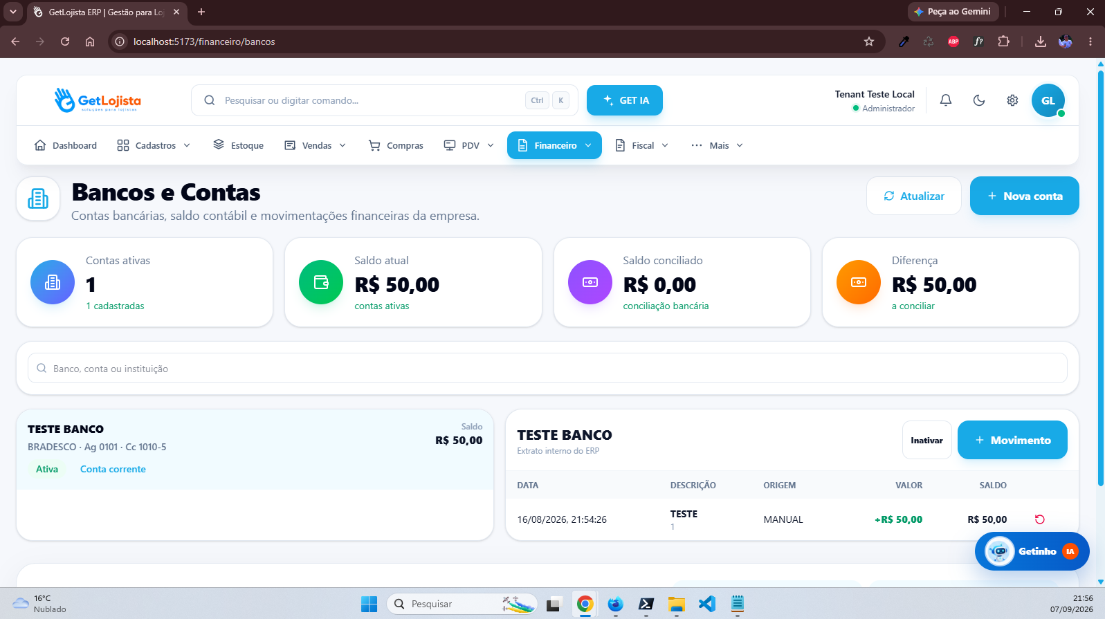 Bancos e contas no Get Lojista ERP