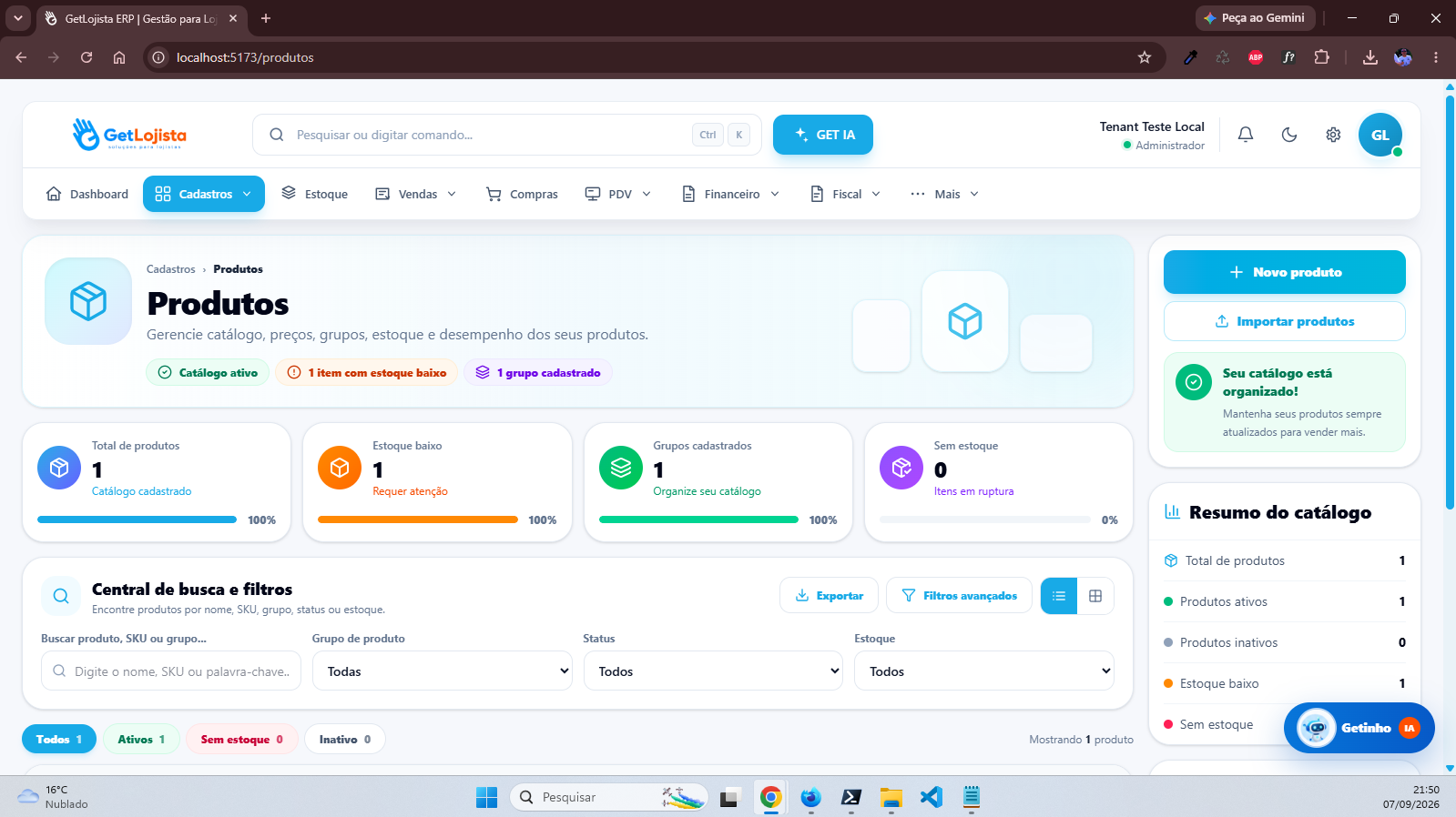 Cadastro de produtos GetLojista 3.0