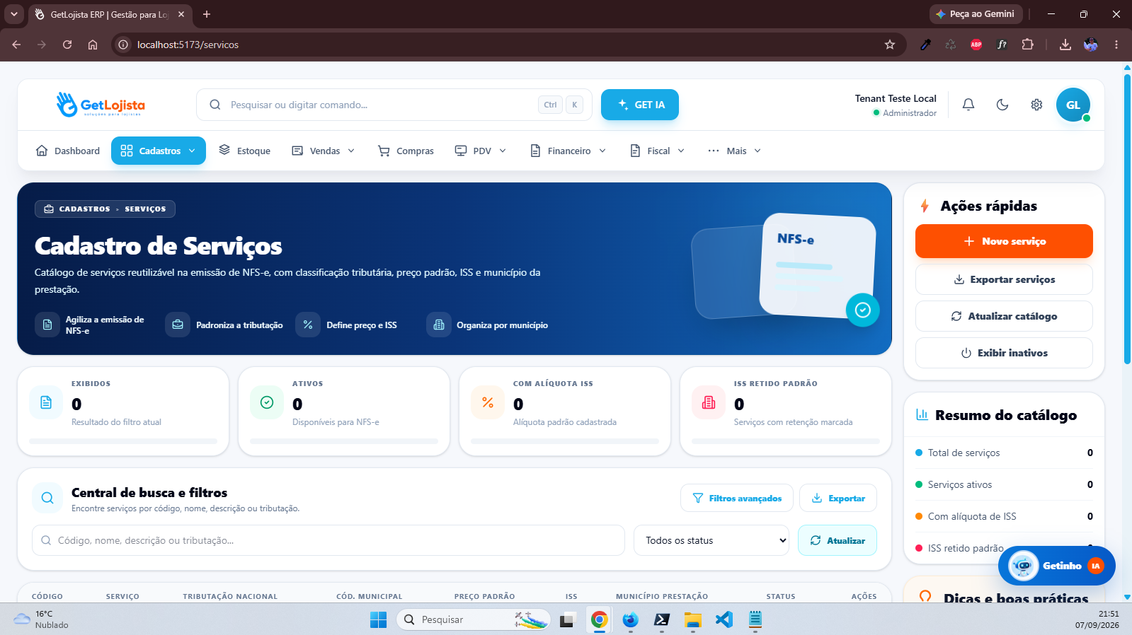 Cadastro de serviços no Get Lojista ERP