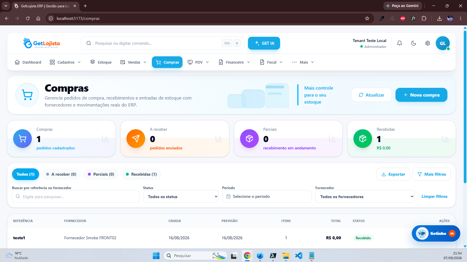 Tela atual do módulo de compras no GetLojista 3.0