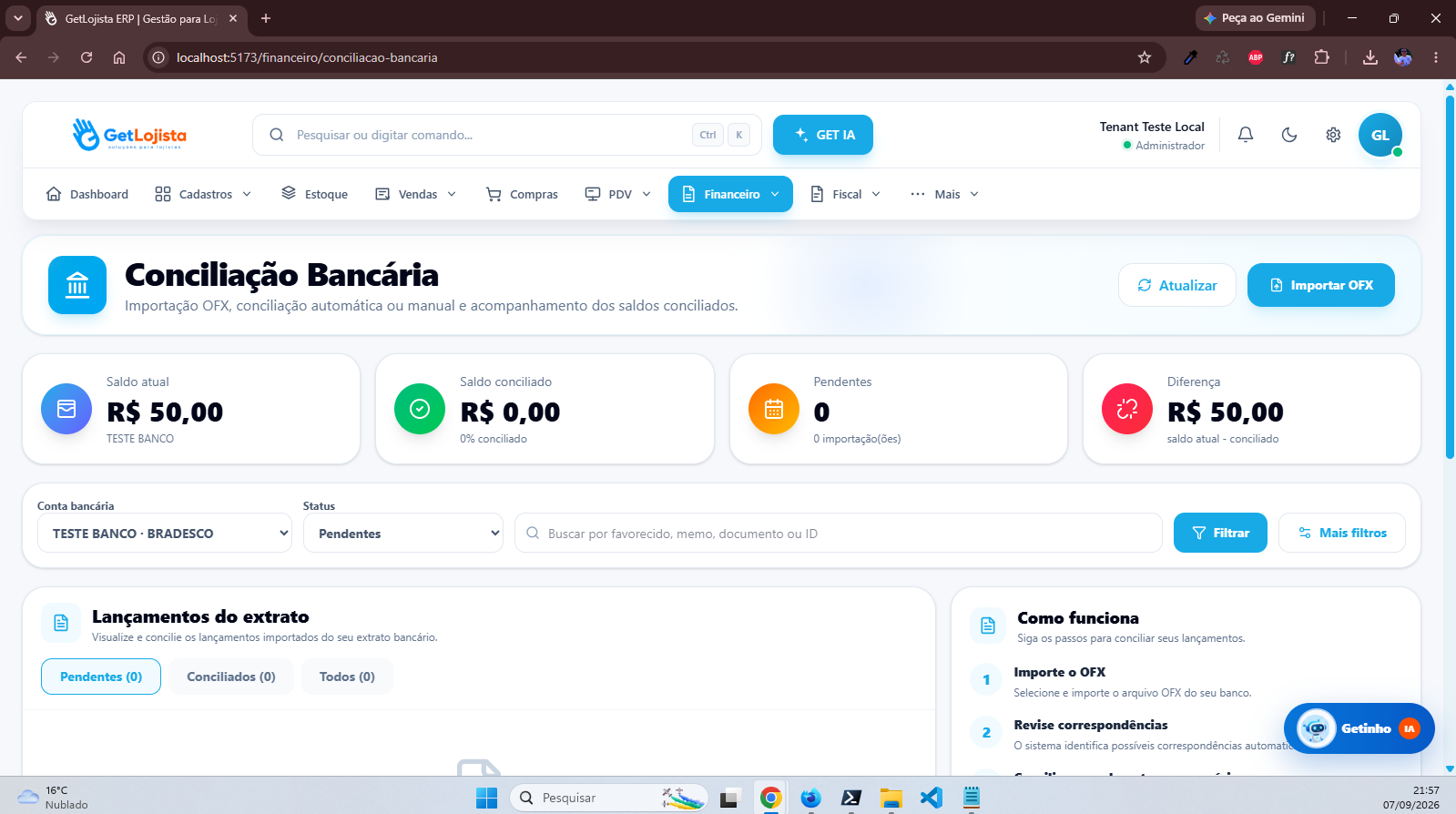 Conciliação bancária GetLojista 3.0