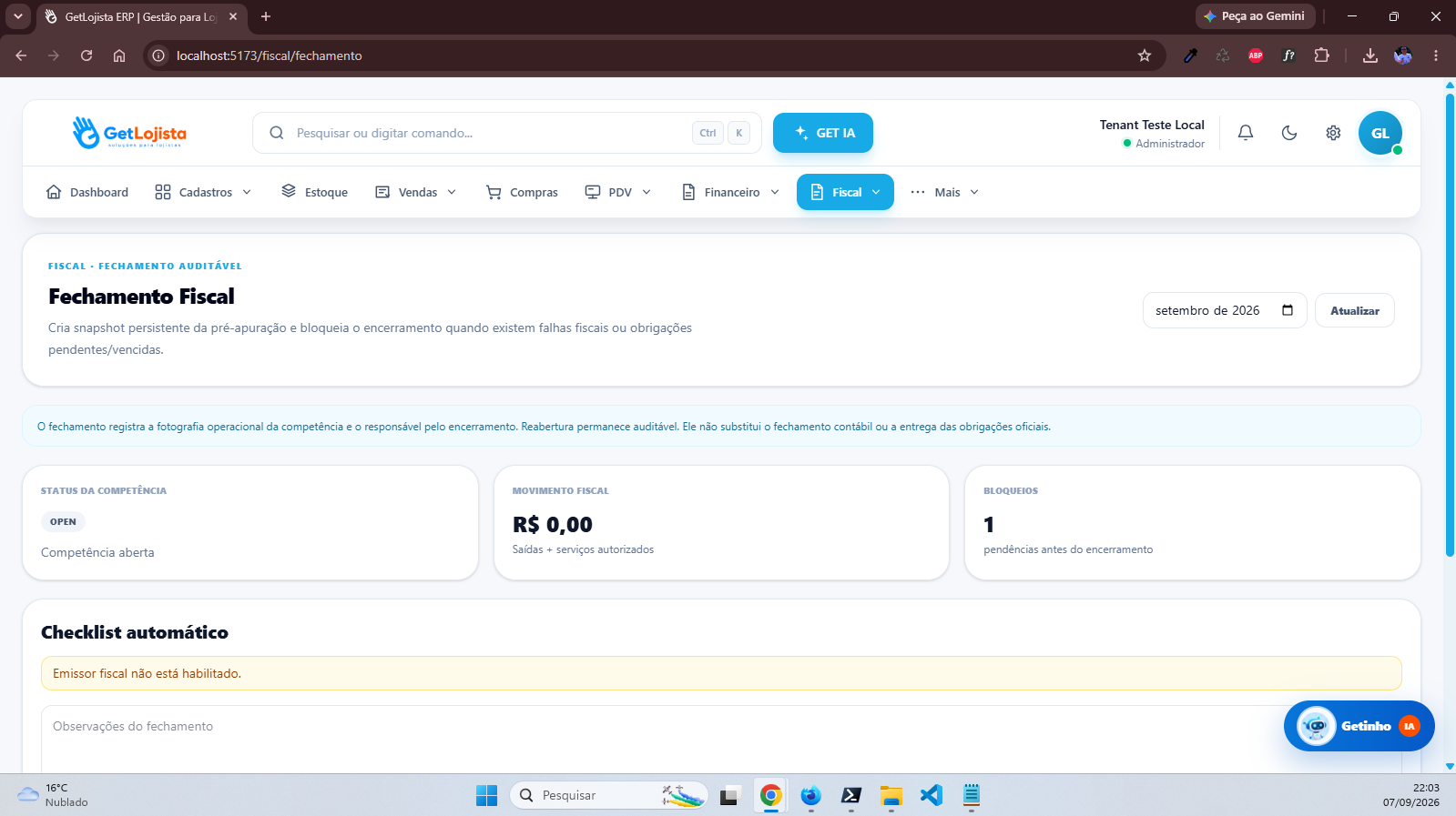 Fechamento fiscal no Get Lojista ERP