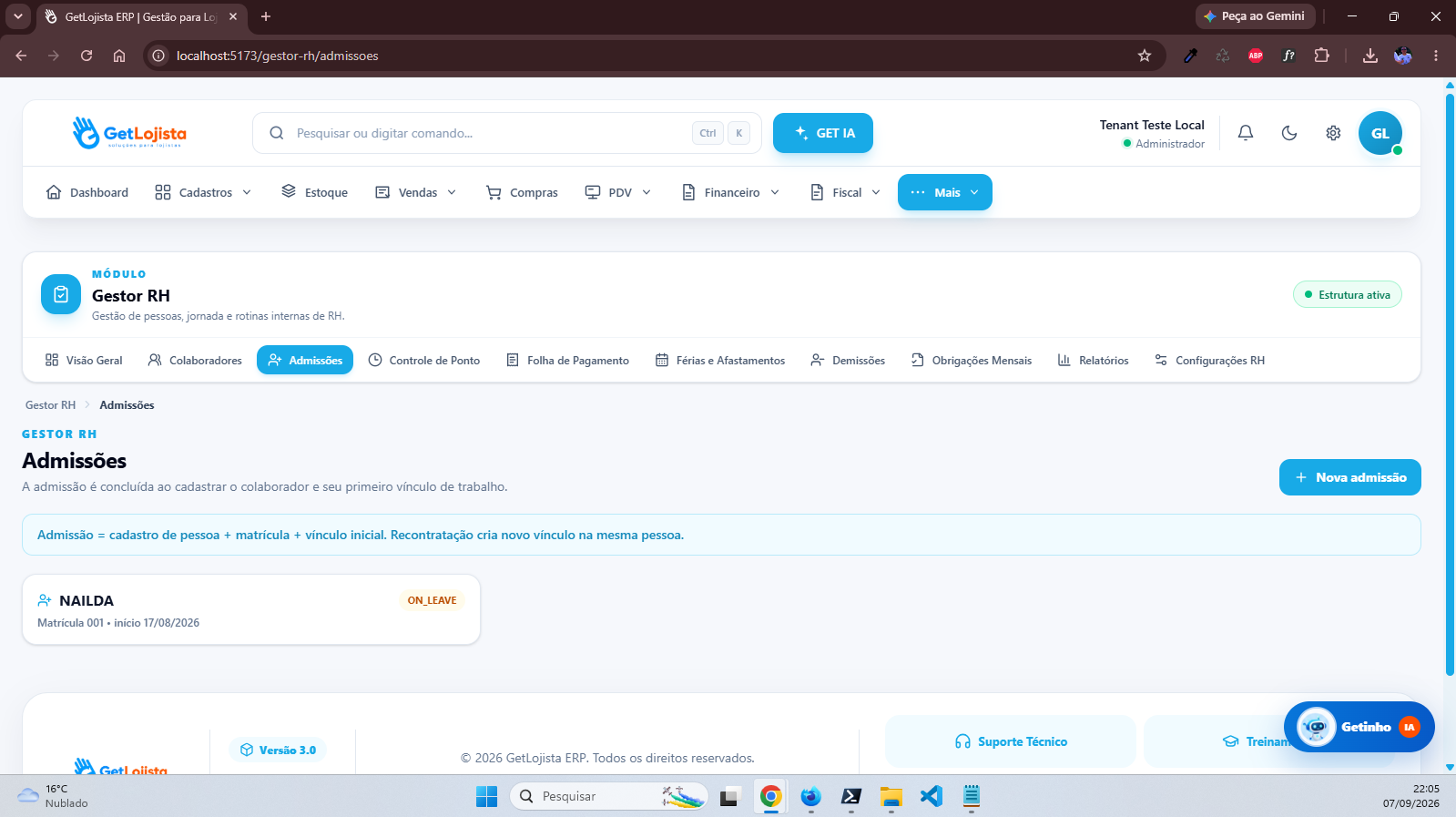Admissões no Get Lojista ERP