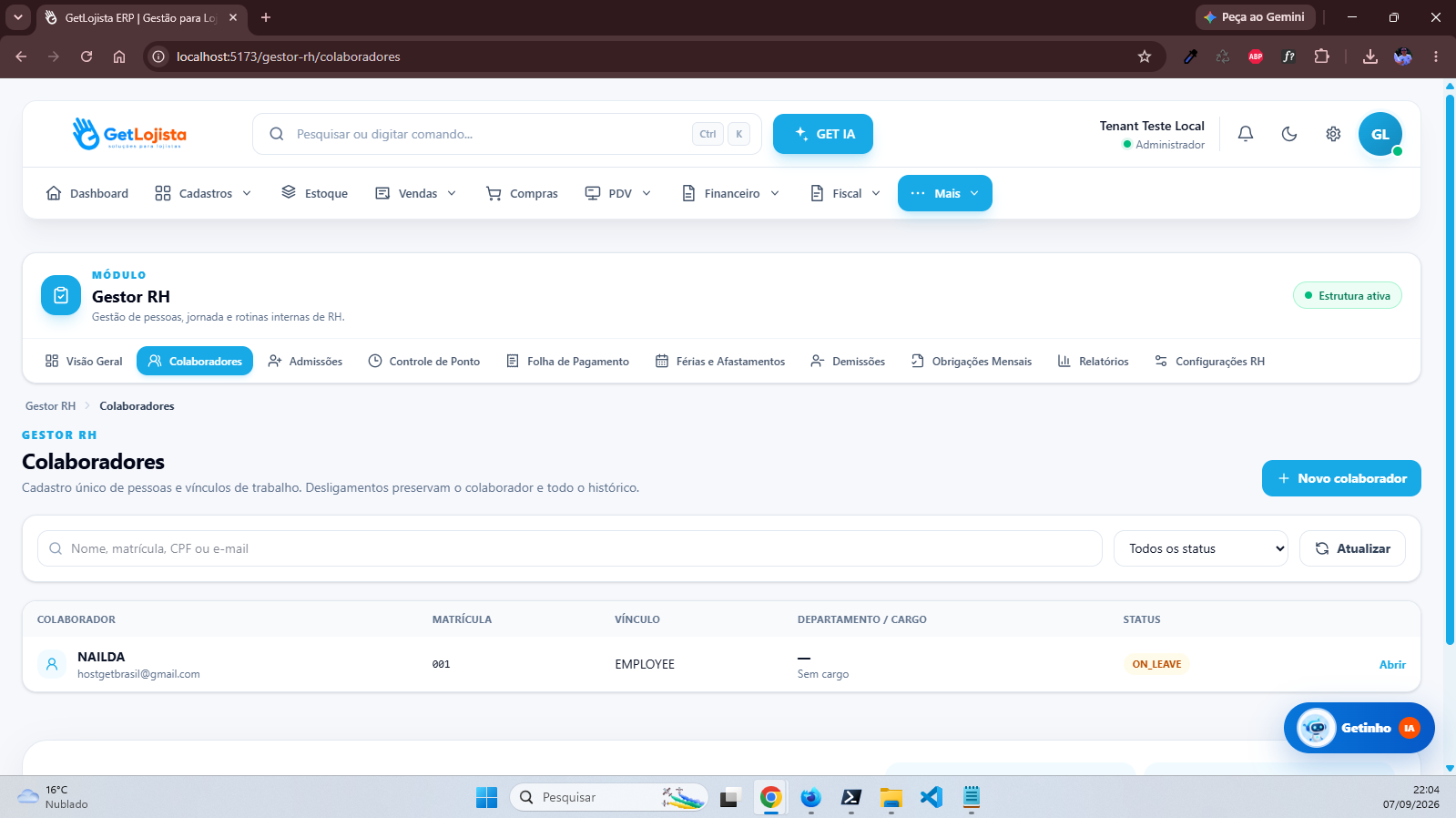Colaboradores no Get Lojista ERP