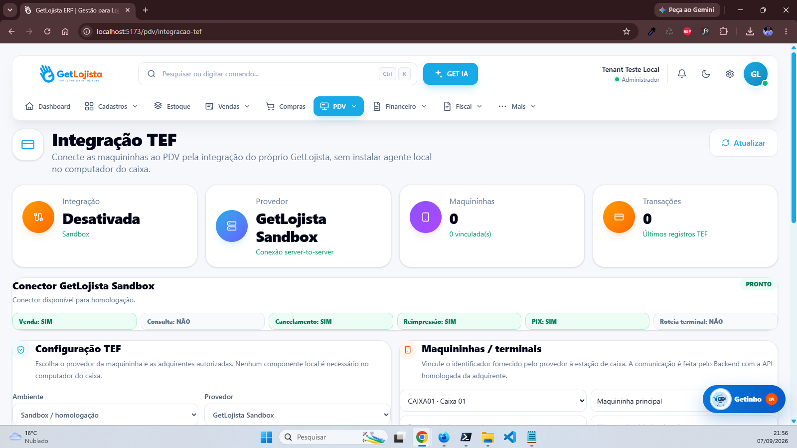 Integração TEF no GetLojista ERP