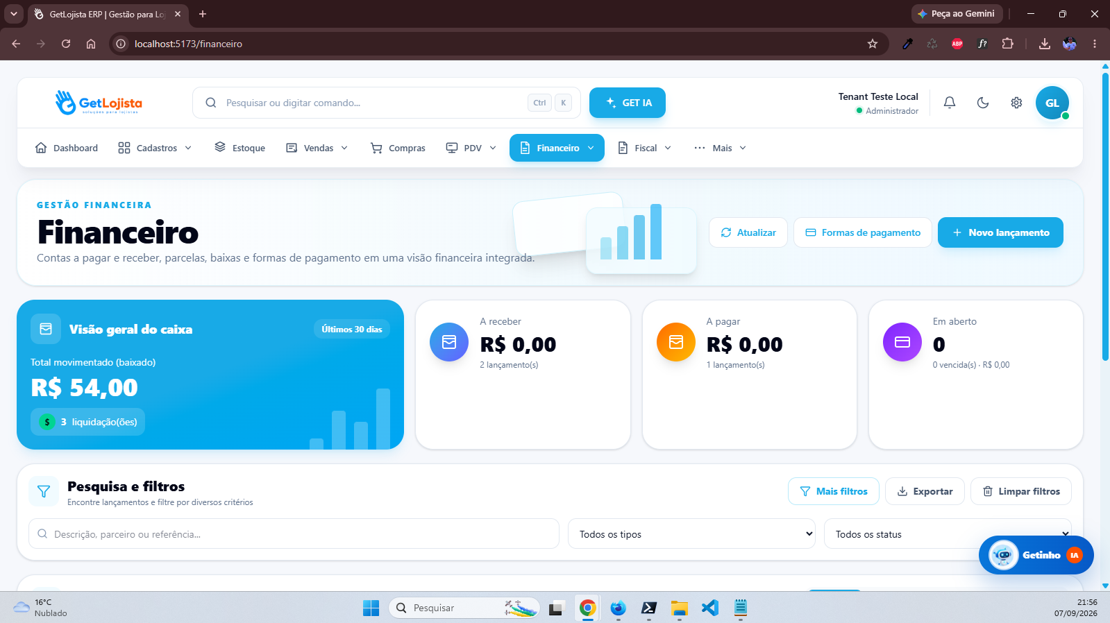 Movimentação financeira no GetLojista ERP