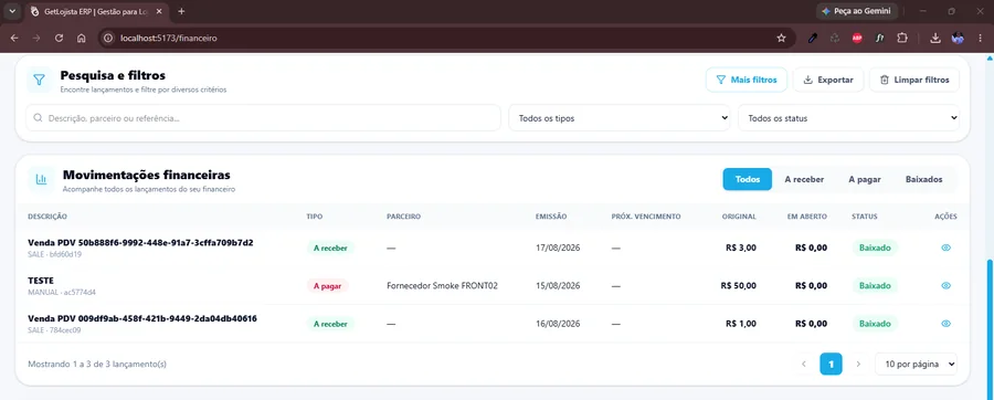 Movimentação financeira no GetLojista
