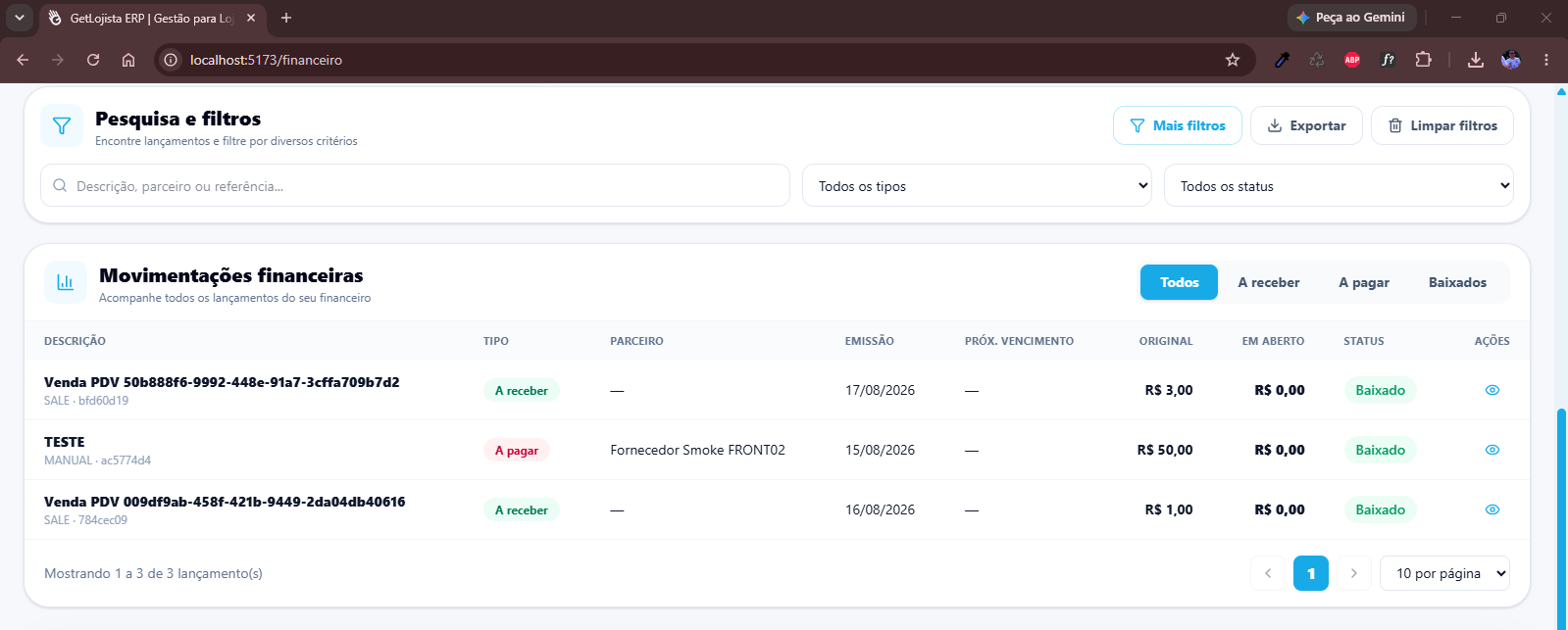 Movimentação financeira no Get Lojista ERP
