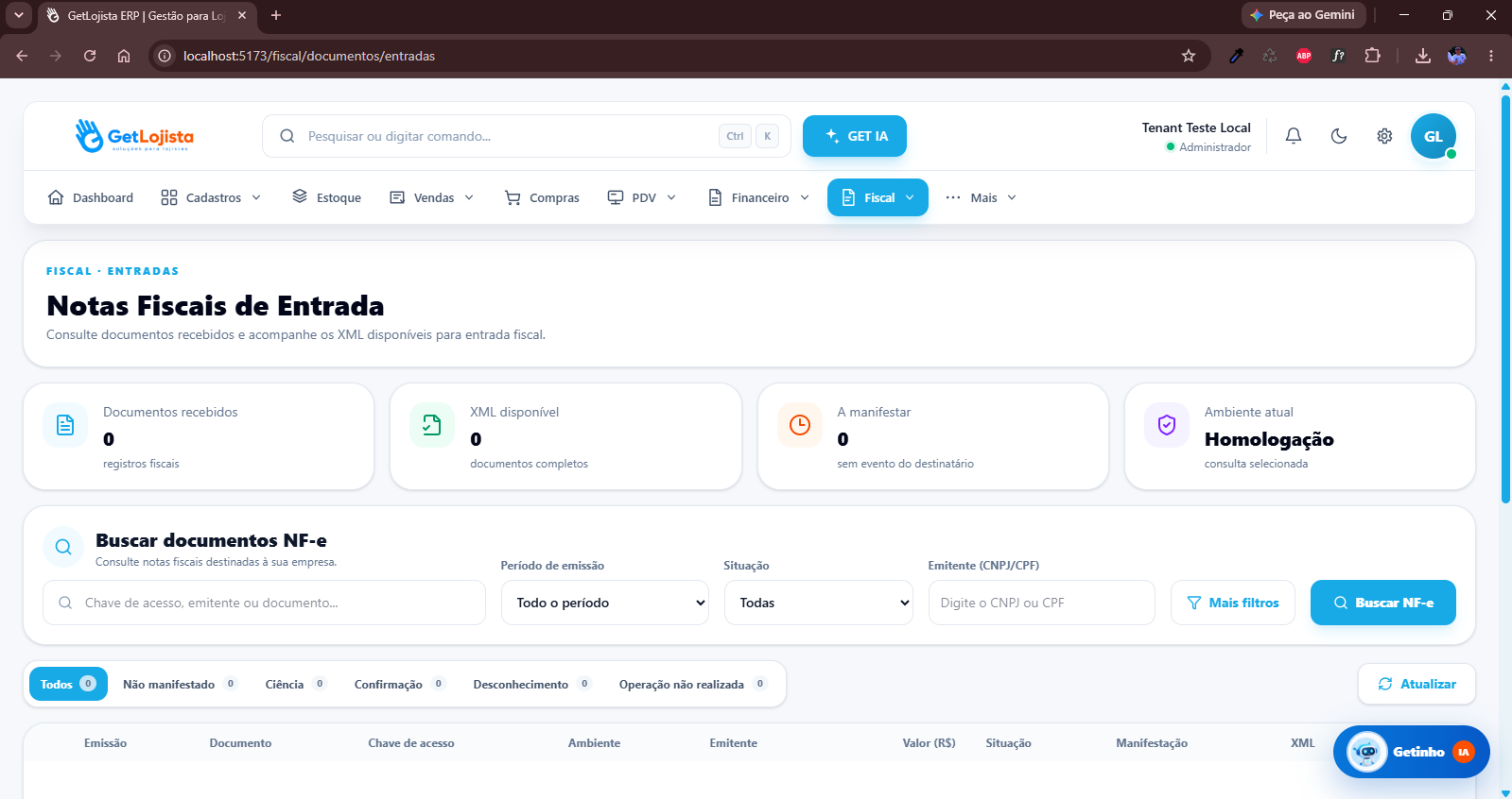 Notas fiscais de entrada no Get Lojista ERP
