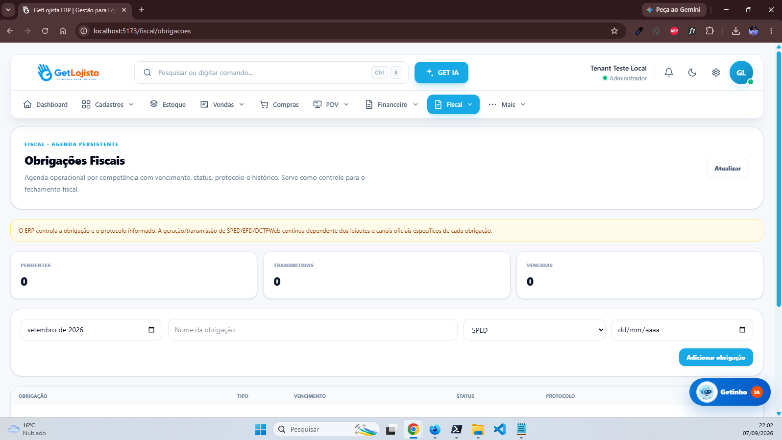 Obrigações fiscais / SPED no Get Lojista ERP