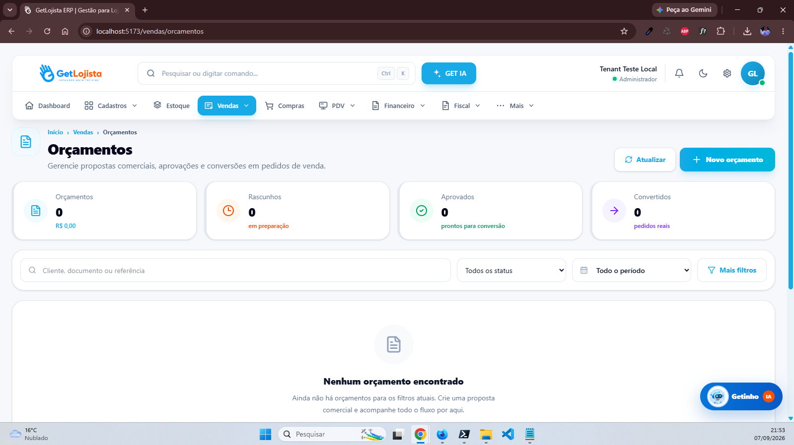 Orçamentos no GetLojista ERP