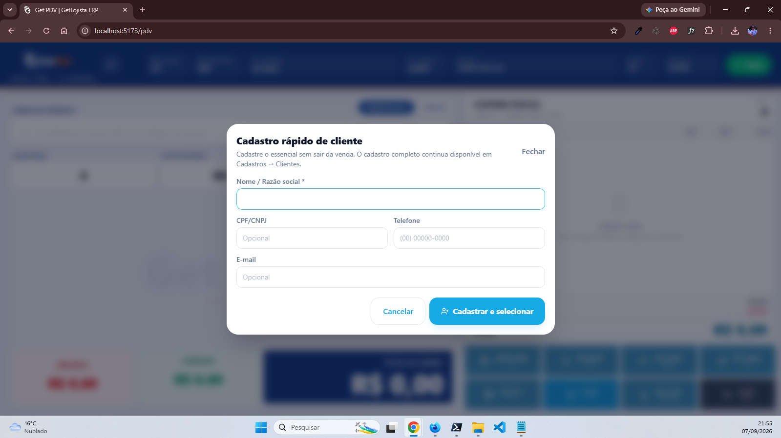 Cadastro rápido de cliente no Get Lojista ERP