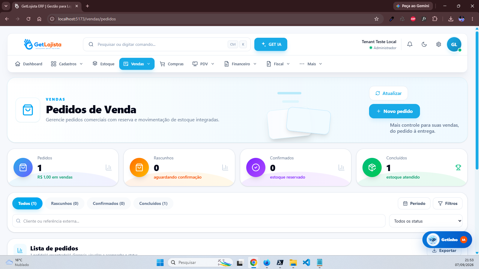 Pedidos de venda no GetLojista ERP