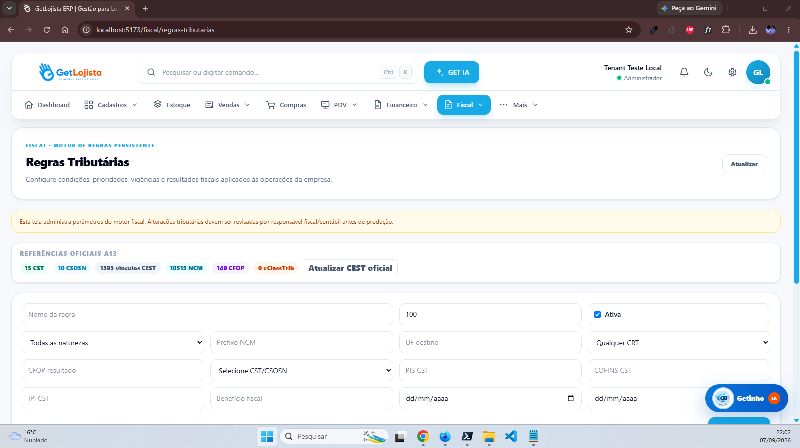 Regras tributárias no Get Lojista ERP
