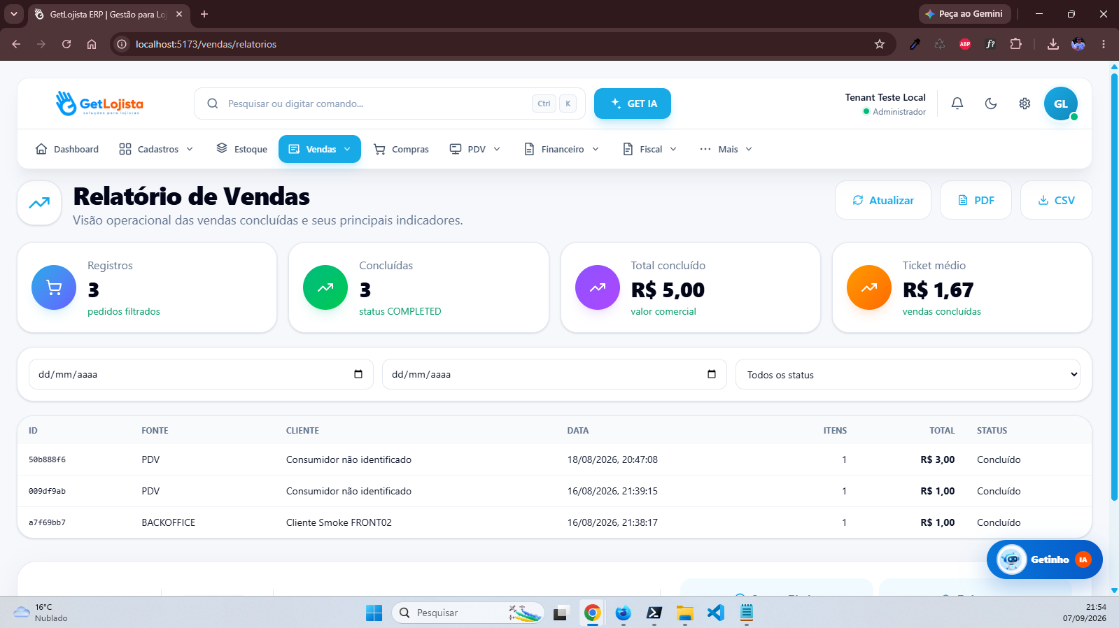 Tela atual de relatório de vendas no GetLojista 3.0